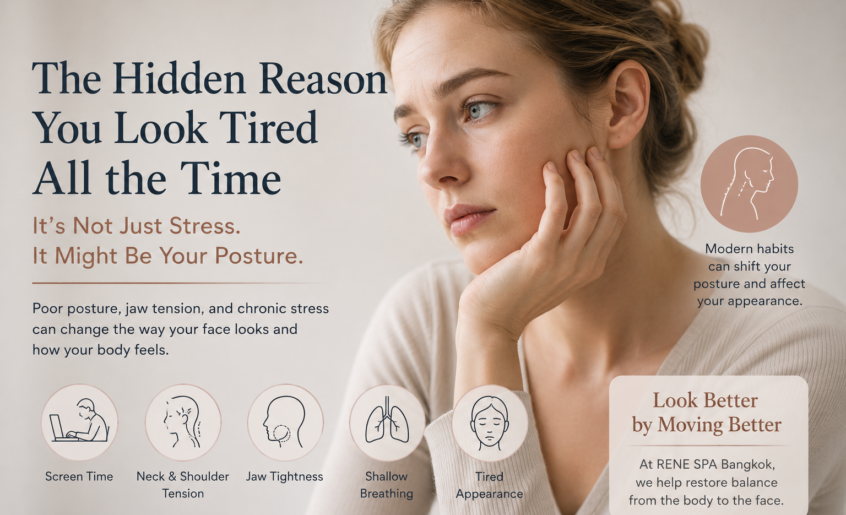 “Tired-looking woman with infographic about posture, jaw tension, stress, and how modern lifestyle habits affect facial appearance and overall wellness.”