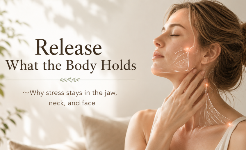 Stress relief wellness banner featuring a serene Caucasian woman gently touching her jaw and neck, with soft anatomical line art illustrating tension points in the face and neck, alongside the title “Release What the Body Holds – Why stress stays in the jaw, neck, and face.”