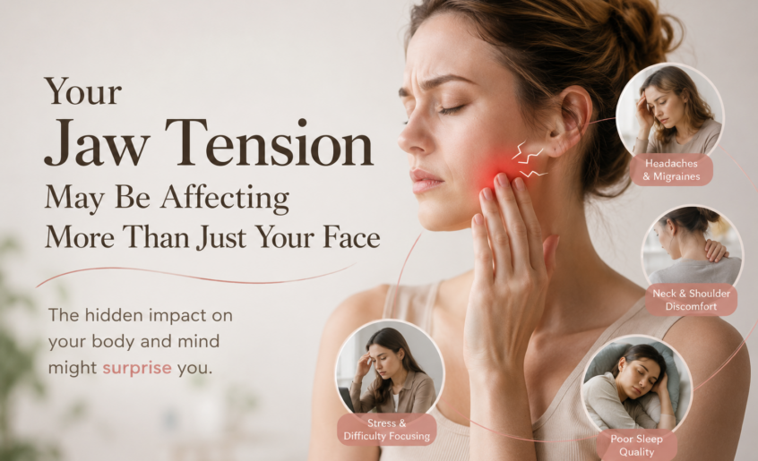 “Woman experiencing jaw tension with infographic showing related symptoms like headaches, neck pain, stress, and poor sleep quality.”