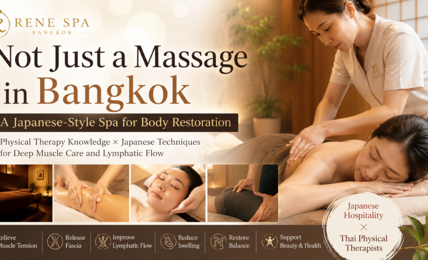 Therapist performing a Japanese-style body restoration massage at RENE Spa Bangkok, focusing on muscle care, fascia release, lymphatic flow, posture support, and overall wellness. 短め版