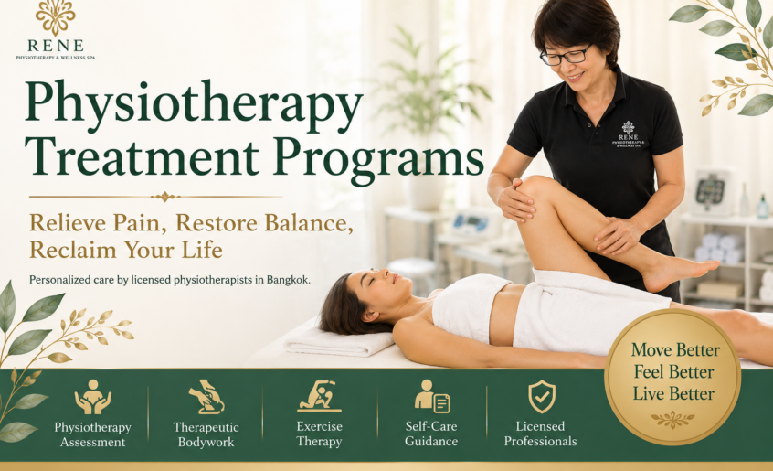 RENE Physiotherapy Treatment Programs in Bangkok featuring licensed physiotherapist providing personalized treatment for neck, shoulder, back, hip and lower body pain.