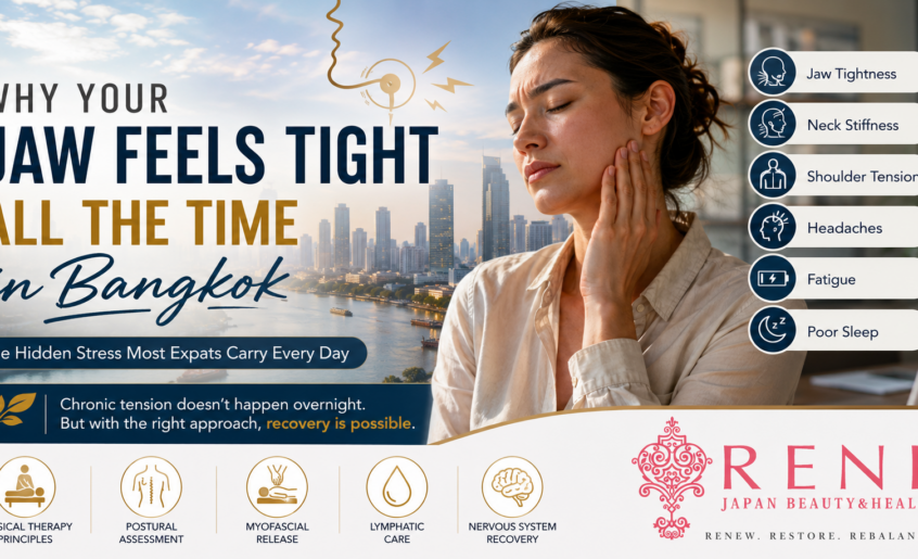Professional woman holding her jaw and neck against the Bangkok skyline, illustrating chronic tension, jaw tightness, neck stiffness, and stress-related fatigue commonly experienced by expats living in Bangkok.