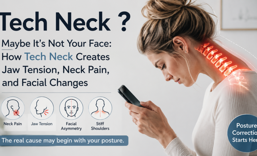 スマートフォンを見る前かがみ姿勢（Tech Neck）によって首や顎に負担がかかる白人女性のイメージ。首の痛み、顎の緊張、フェイスラインの変化と姿勢改善の重要性を解説するRENE Bangkokのブログアイキャッチ画像。