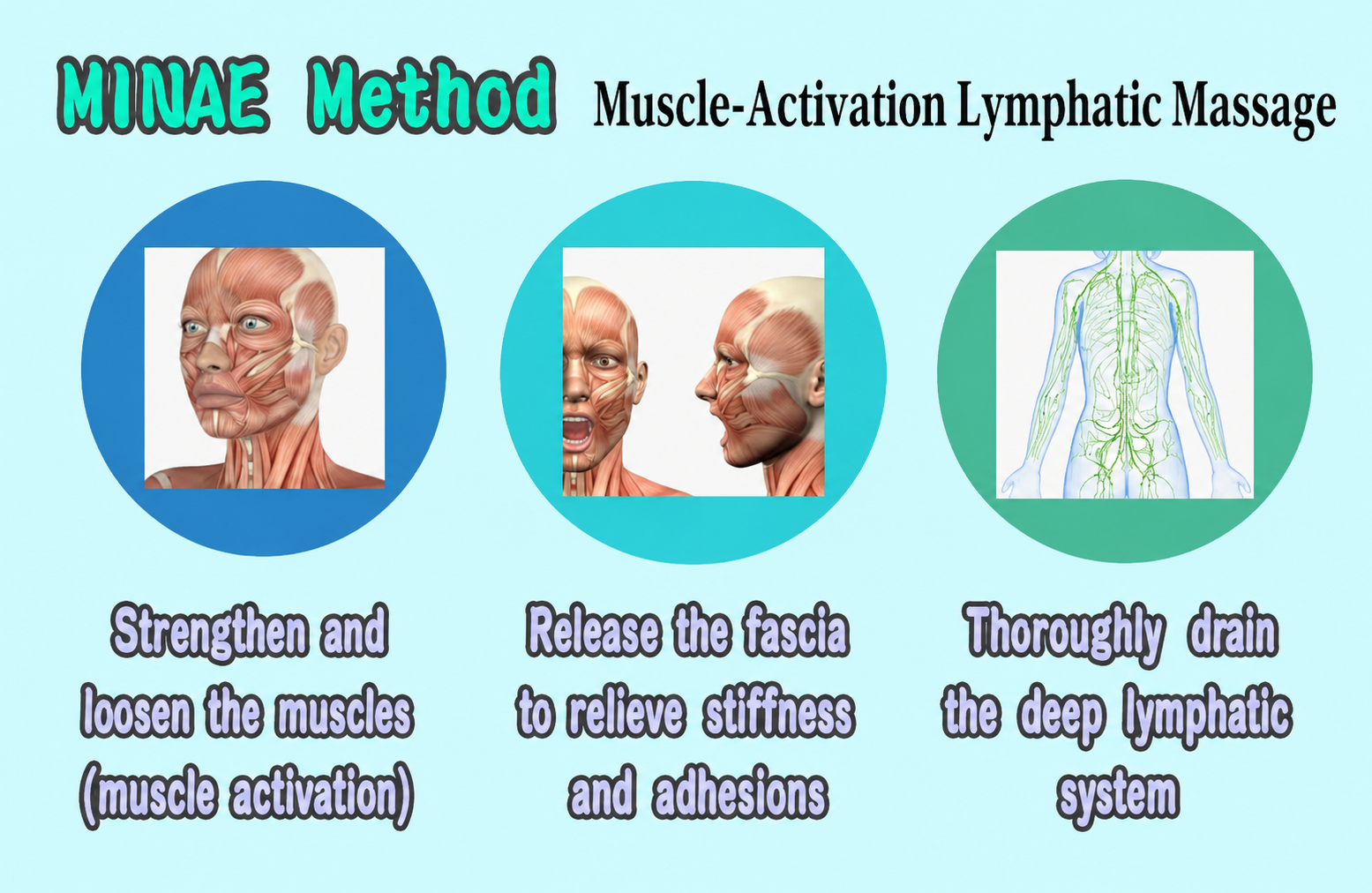 MINAE Method Muscle-Activation Lymphatic Massage: strengthen and loosen the muscles, release the fascia to relieve stiffness and adhesions, and thoroughly drain the deep lymphatic system.